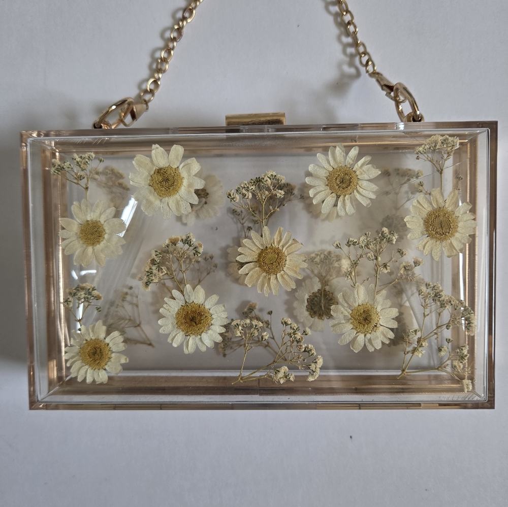Clear daisy floral acrylic resin clutch gold chain ditsy girly statement cute - Picture 2 of 7
